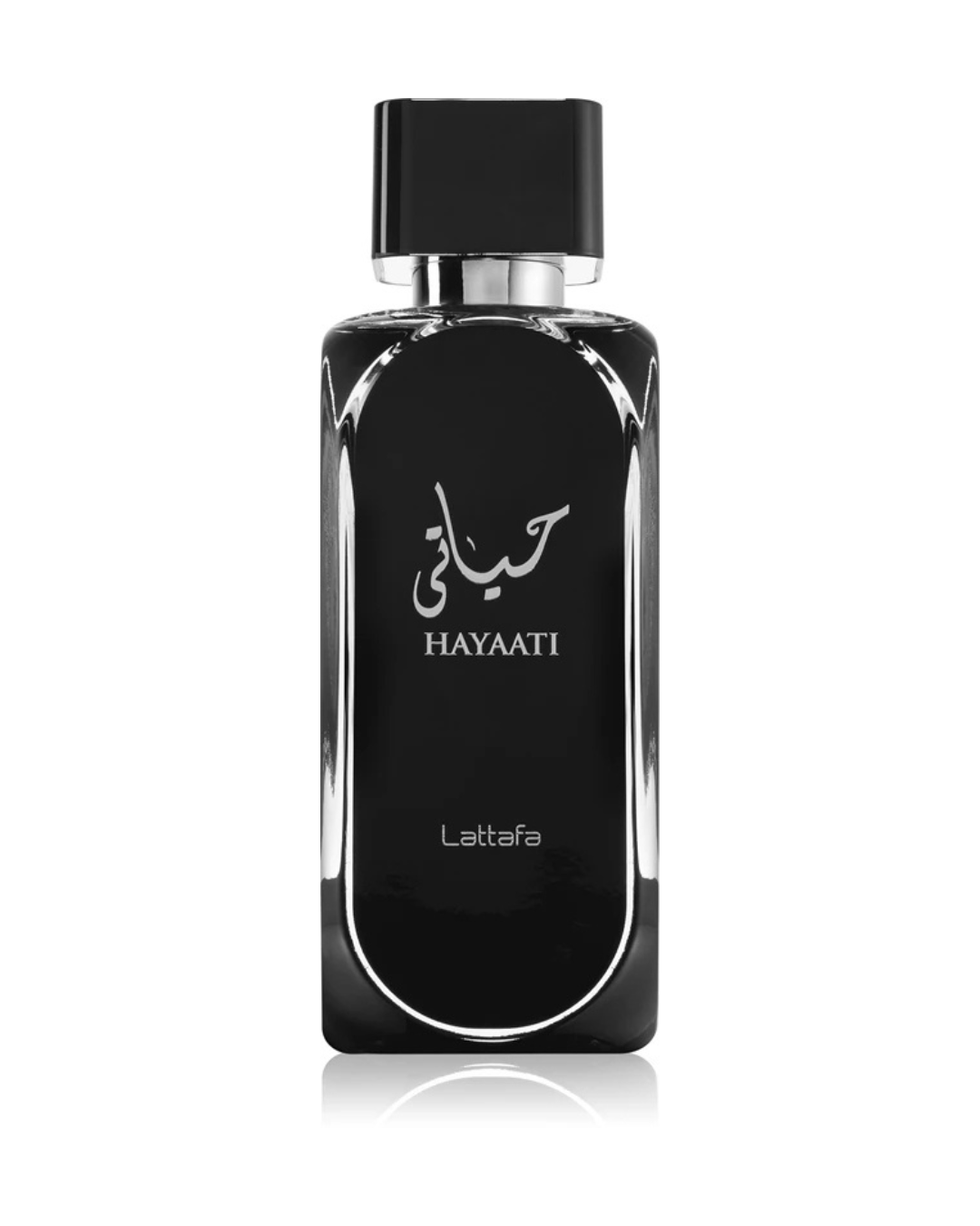 Dettaglio del flacone in vetro nero del profumo Lattafa Hayaati, con calligrafia araba e tappo argentato e nero.