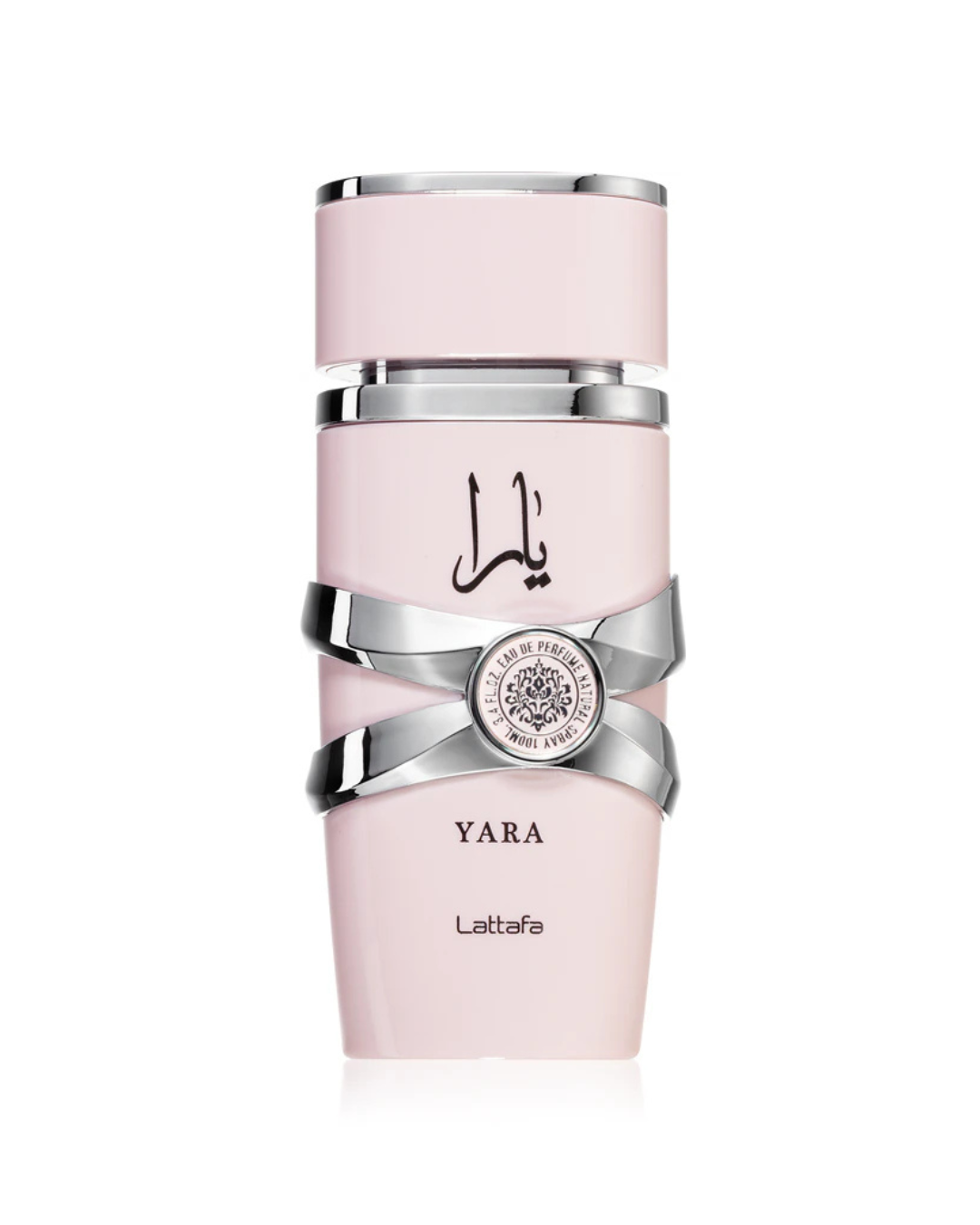 Dettaglio del flacone rosa pastello del profumo Lattafa Yara, con incrocio decorativo metallico argento