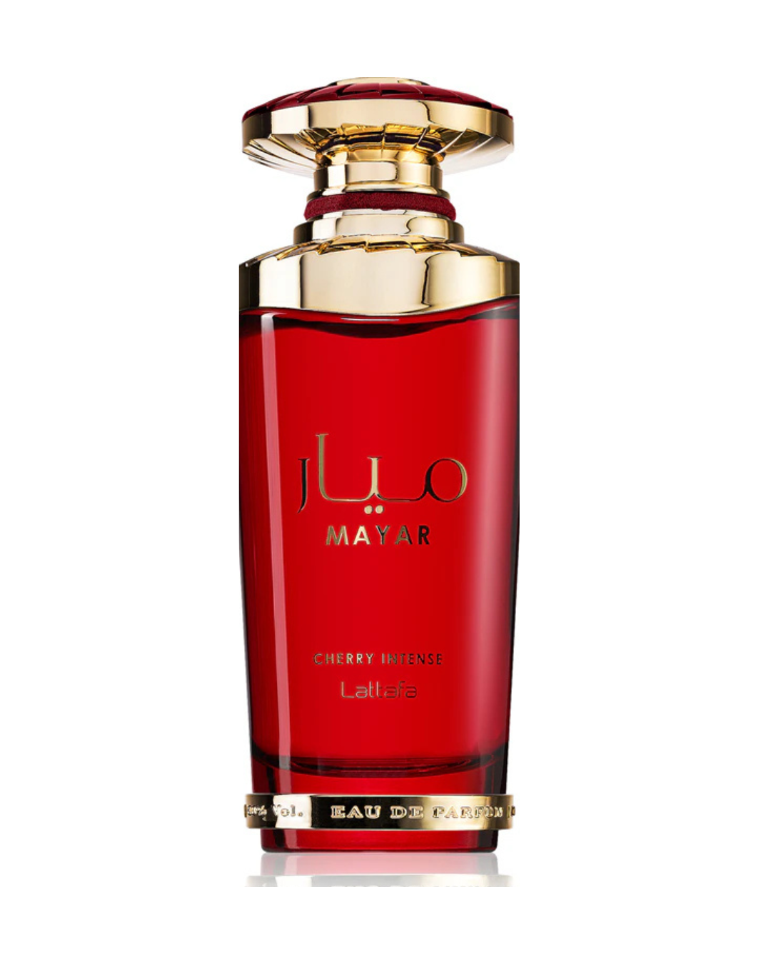 Dettaglio del flacone in vetro rosso intenso del profumo Lattafa Mayar Cherry Intense, con scritte e tappo lavorato color oro lucido