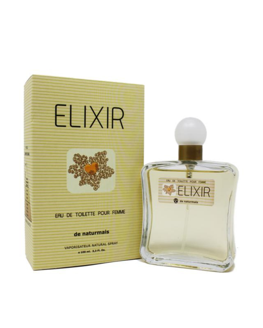 Confezione gialla a righe e flacone del profumo Elixir di Naturmais ispirato ad Aromatics Elixir di Clinique.