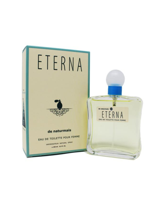 Confezione chiara con bordi azzurri e flacone del profumo Eterna di Naturmais ispirato a Eternity di Calvin Klein