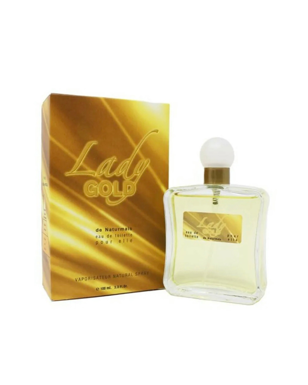 Confezione dorata brillante e flacone del profumo Lady Gold di Naturmais 