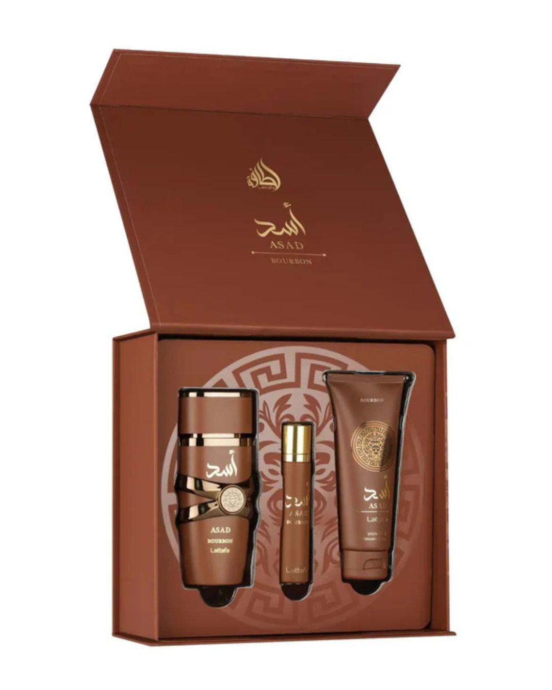 Confezione regalo Lattafa Asad Bourbon aperta con eau de parfum 100 ml, travel spray 12 ml e shower gel 100 ml