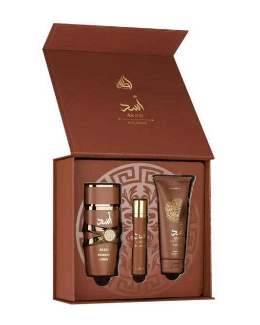 Confezione regalo Lattafa Asad Bourbon aperta con eau de parfum 100 ml, travel spray 12 ml e shower gel 100 ml