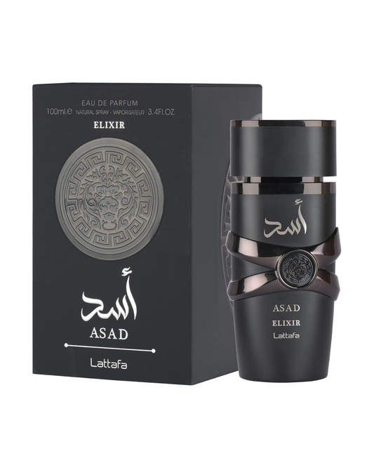 Profumo da uomo Lattafa Asad Elixir 100ml affiancato alla sua elegante scatola nera originale con finiture oro e scritte in rilievo.