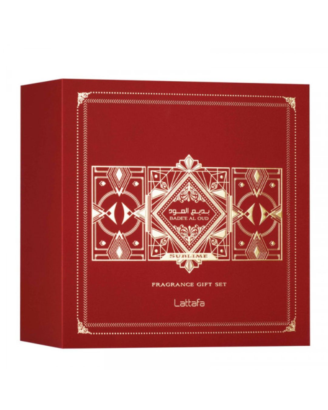 Confezione regalo Lattafa Badee Al Oud Sublime: scatola rossa rigida con decorazioni dorate e scritta Fragrance Gift Set