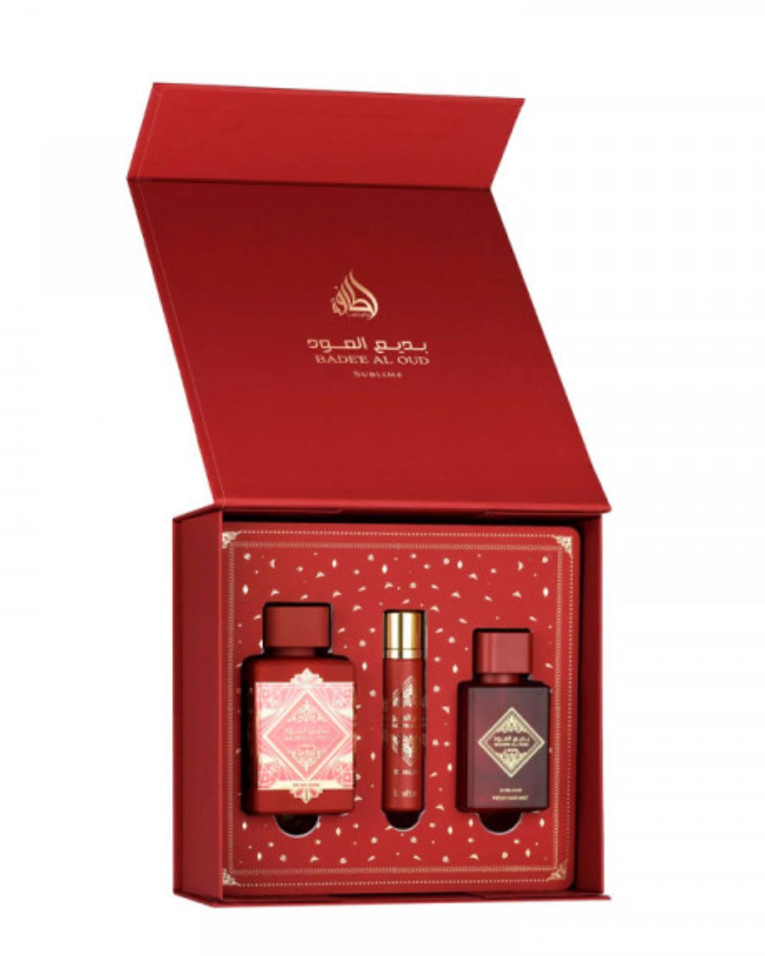 Set regalo Lattafa Badee Al Oud Sublime aperto: cofanetto rosso con eau de parfum 100ml, spray da viaggio 10ml e hair mist 50ml