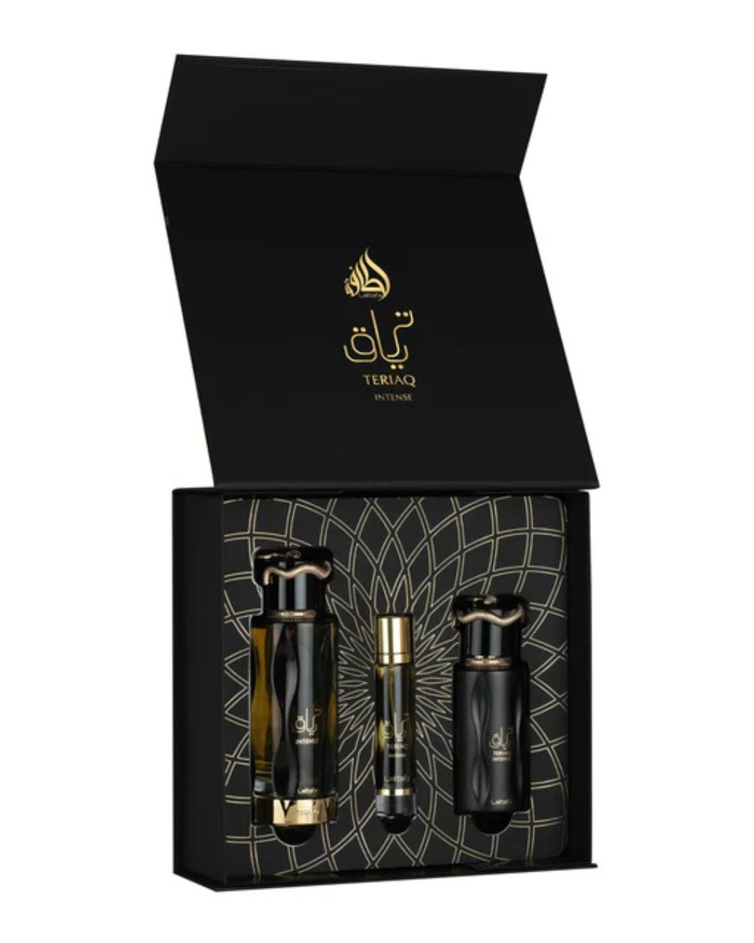 Set Teriaq Intense Lattafa: eau de parfum, travel spray e hair mist