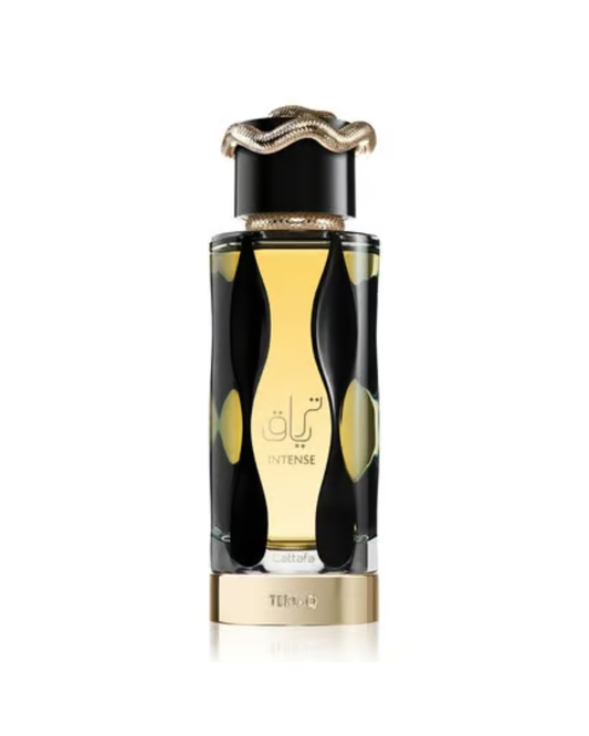 Flacone nero e oro con serpente dorato di Lattafa Teriaq Intense Eau de Parfum 100ml