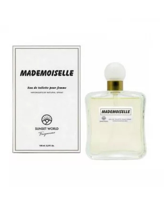 Confezione bianca e flacone del profumo Mademoiselle di Naturmais ispirato a Coco Mademoiselle di Chanel