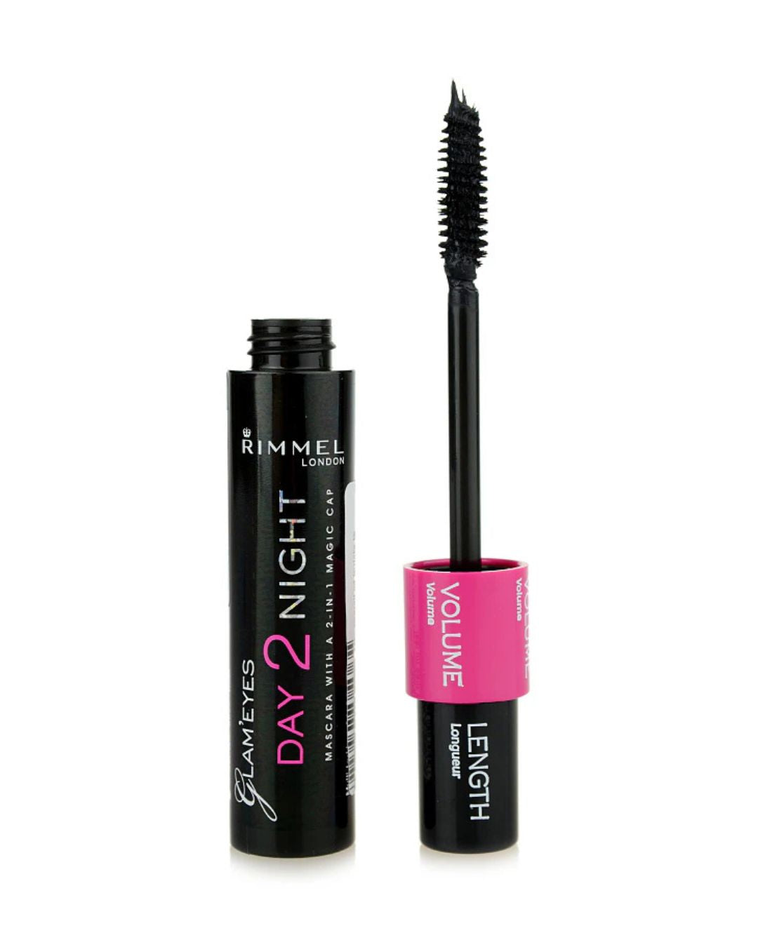 Mascara Rimmel aperto dal tappo Volume rosa per caricare il prodotto sulle setole