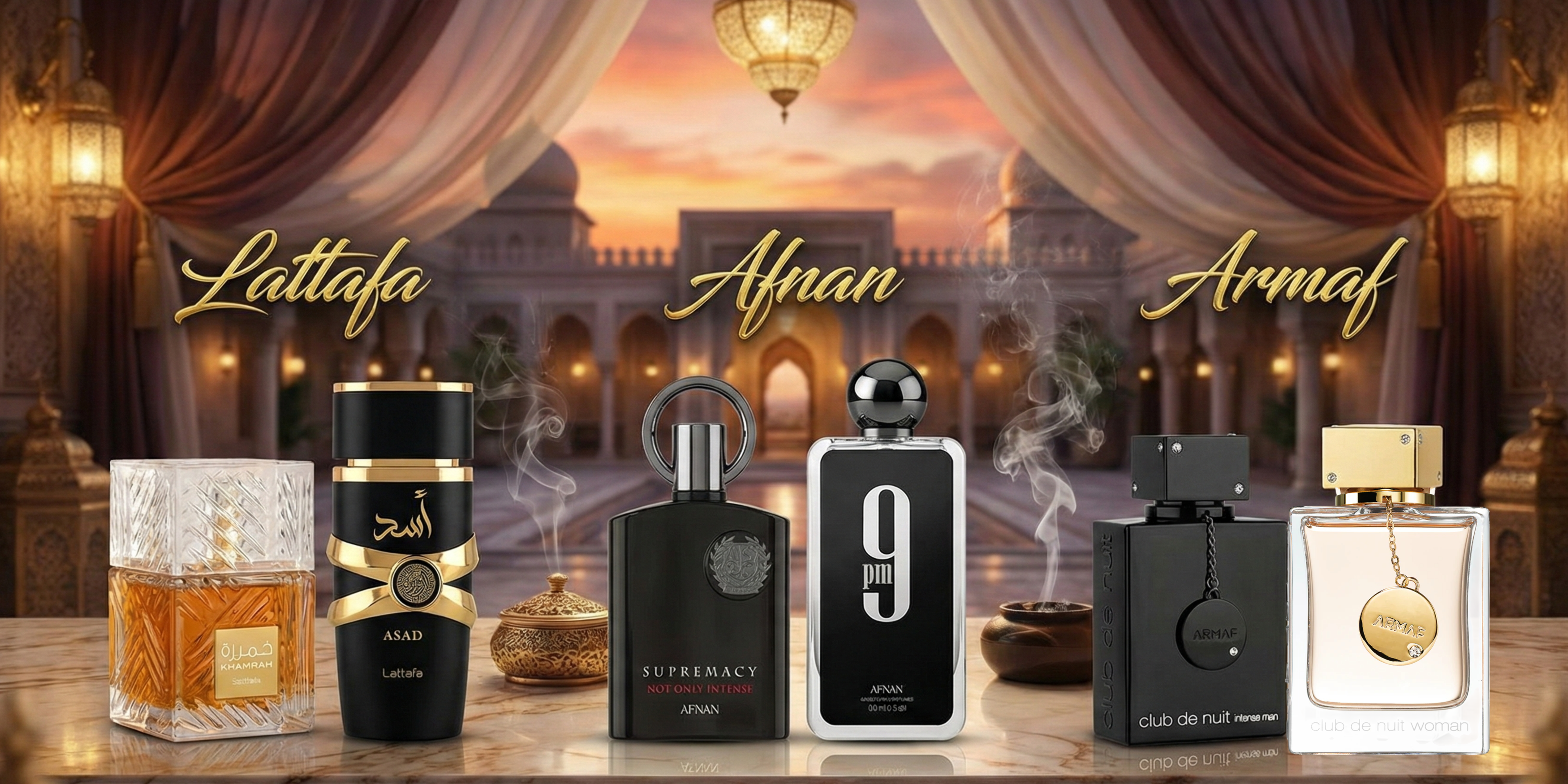Collezione migliori profumi arabi originali: Lattafa Khamrah e Asad, Afnan Supremacy e 9PM, Armaf Club de Nuit Intense Man e Woman.