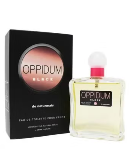 Confezione nera e flacone del profumo Oppidum Black di Naturmais ispirato a Black Opium di Yves Saint Laurent.