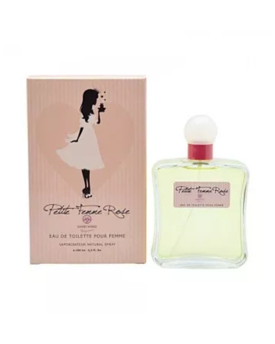 Confezione rosa con silhouette femminile e flacone del profumo Petite Femme Rose di Naturmais ispirato a La Petite Robe Noire di Guerlain