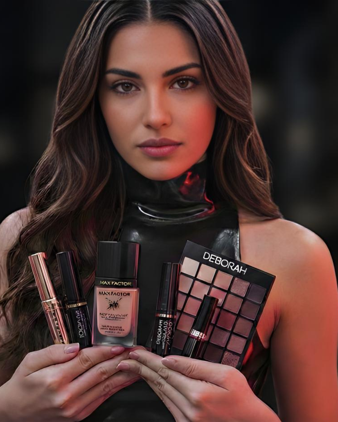 Modella che mostra una selezione di prodotti di bellezza e makeup professionale dei brand Max Factor e Deborah per la cosmetica.