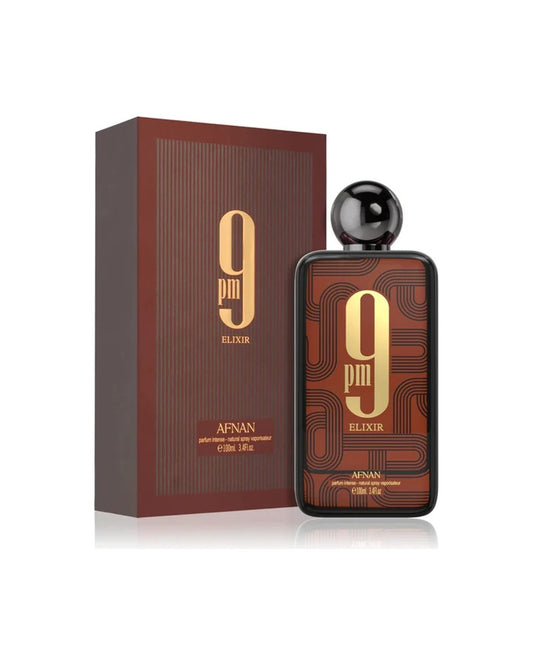 Flacone del profumo Afnan 9pm Elixir Parfum Intense 100ml, esclusiva fragranza maschile degli Emirati Arabi Uniti.