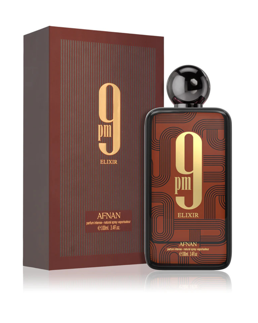 Flacone del profumo Afnan 9pm Elixir Parfum Intense 100ml, esclusiva fragranza maschile degli Emirati Arabi Uniti.
