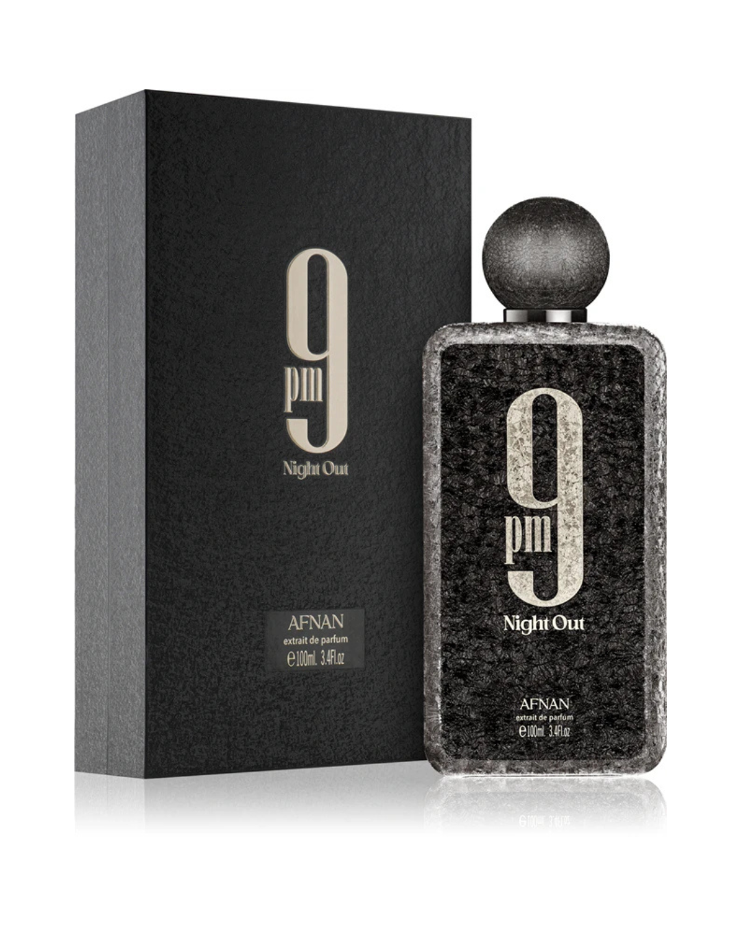 Elegante confezione nera e flacone del profumo Afnan 9pm Night Out Extrait de Parfum 100ml, brand degli Emirati Arabi Uniti.