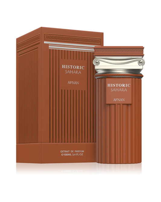 Profumo unisex Historic Sahara di Afnan. Vista completa con flacone a forma di colonna classica e la sua elegante scatola color terracotta.