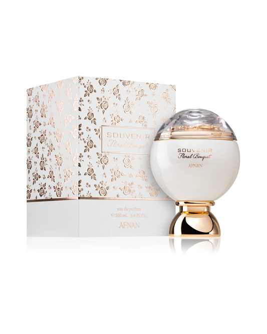 Profumo donna Souvenir Floral Bouquet di Afnan. Vista completa con l'elegante scatola bianca con rose dorate e il flacone sferico