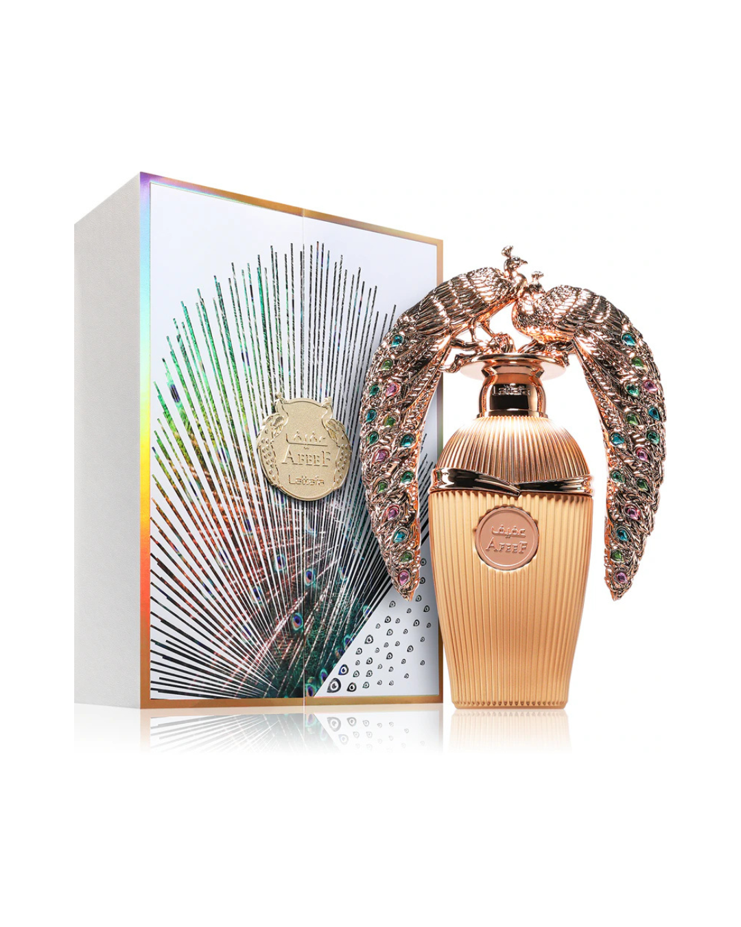 Profumo unisex Afeef di Lattafa. Vista completa con elegante scatola bianca olografica e lo spettacolare flacone dorato con tappo a forma di pavoni