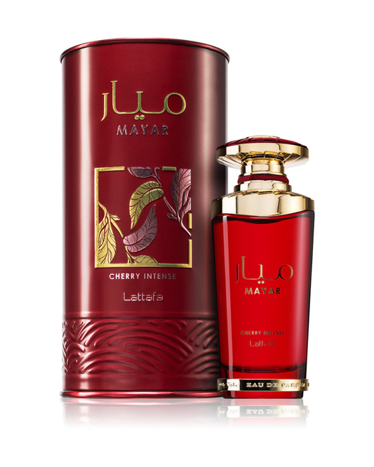 Profumo unisex Mayar Cherry Intense di Lattafa. Vista completa con elegante scatola cilindrica rosso rubino decorata con foglie d'oro e il flacone in vetro abbinato