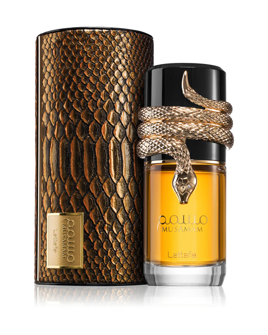 Profumo unisex Musamam di Lattafa. Vista completa con l'esclusiva scatola texture pelle di serpente e il flacone impreziosito dal serpente dorato