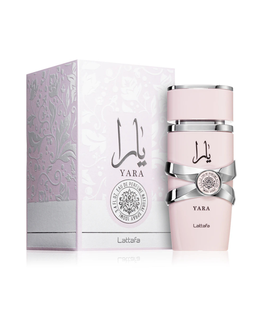 Profumo donna Yara di Lattafa. Vista completa con scatola rosa pastello decorata e flacone rosa con dettagli argento