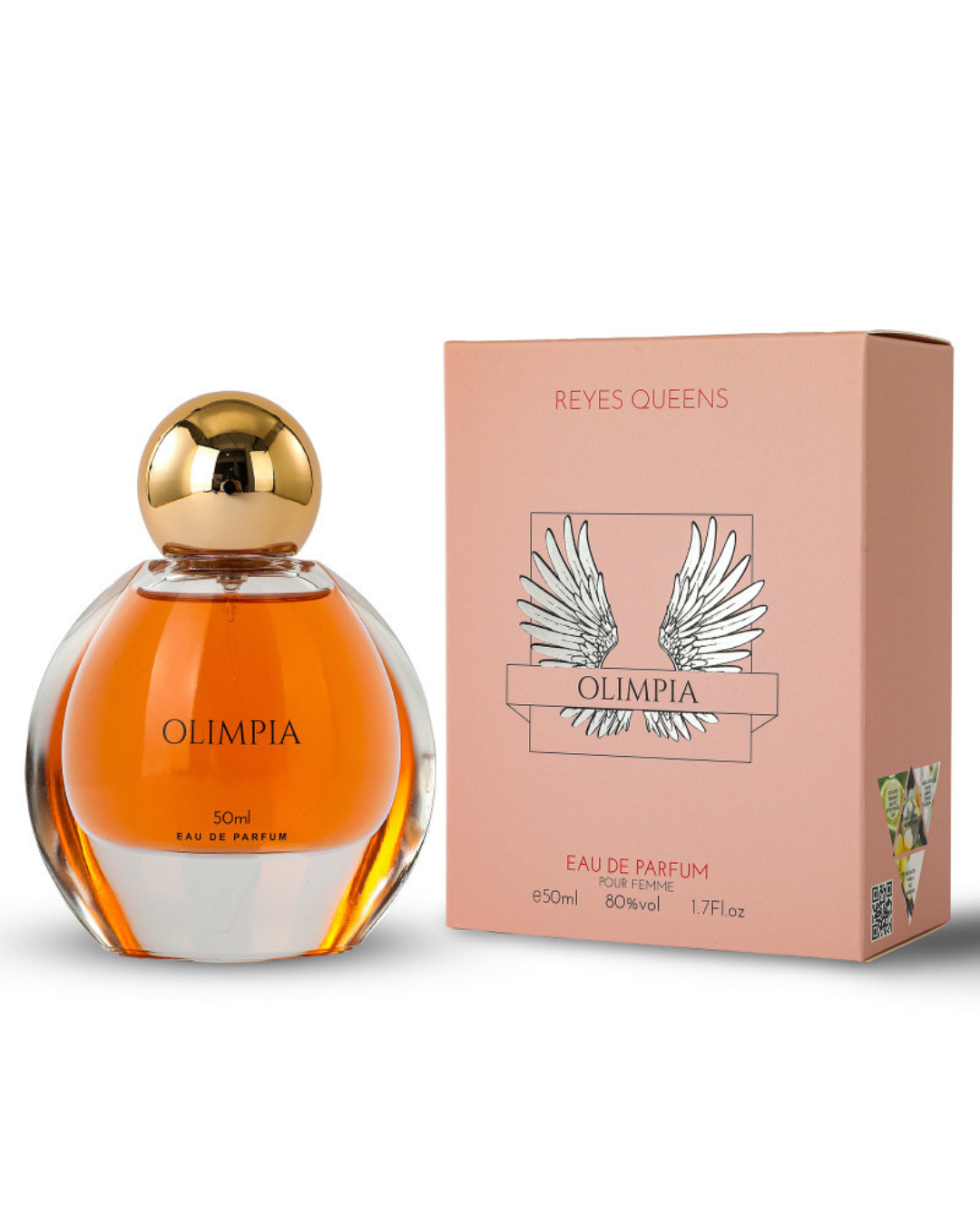 Profumo donna Olimpia Reyes Queens. Flacone con scatola rosa e ali, fragranza divina con vaniglia salata