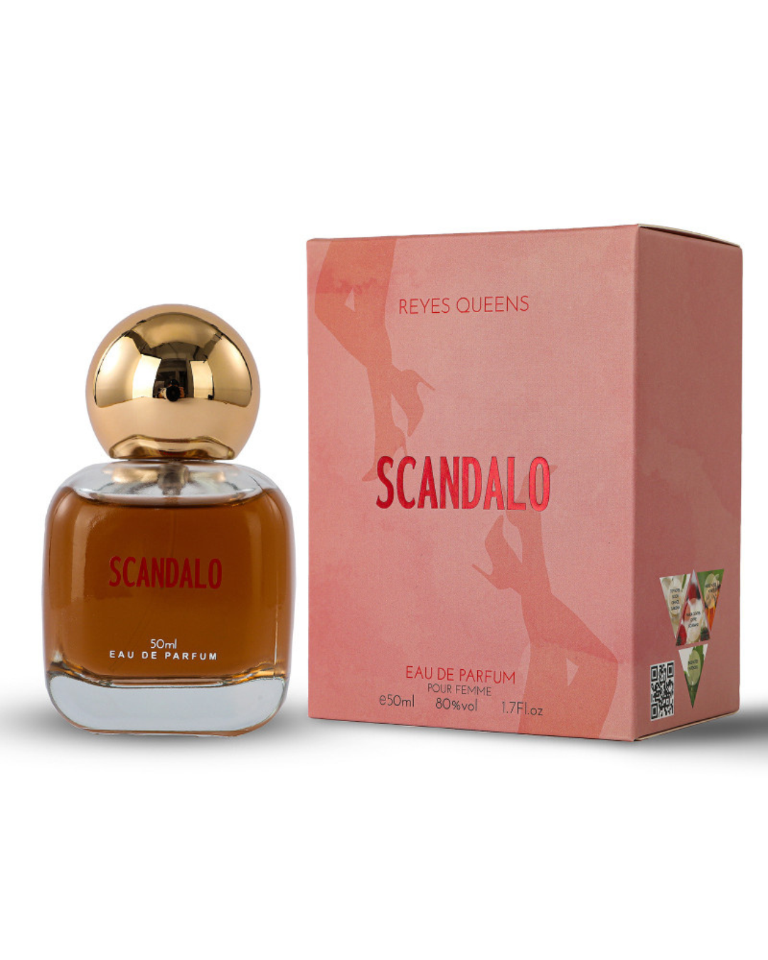 Profumo donna Scandalo Reyes Queens. Flacone con scatola rosa e silhouette gambe, fragranza al miele e gardenia
