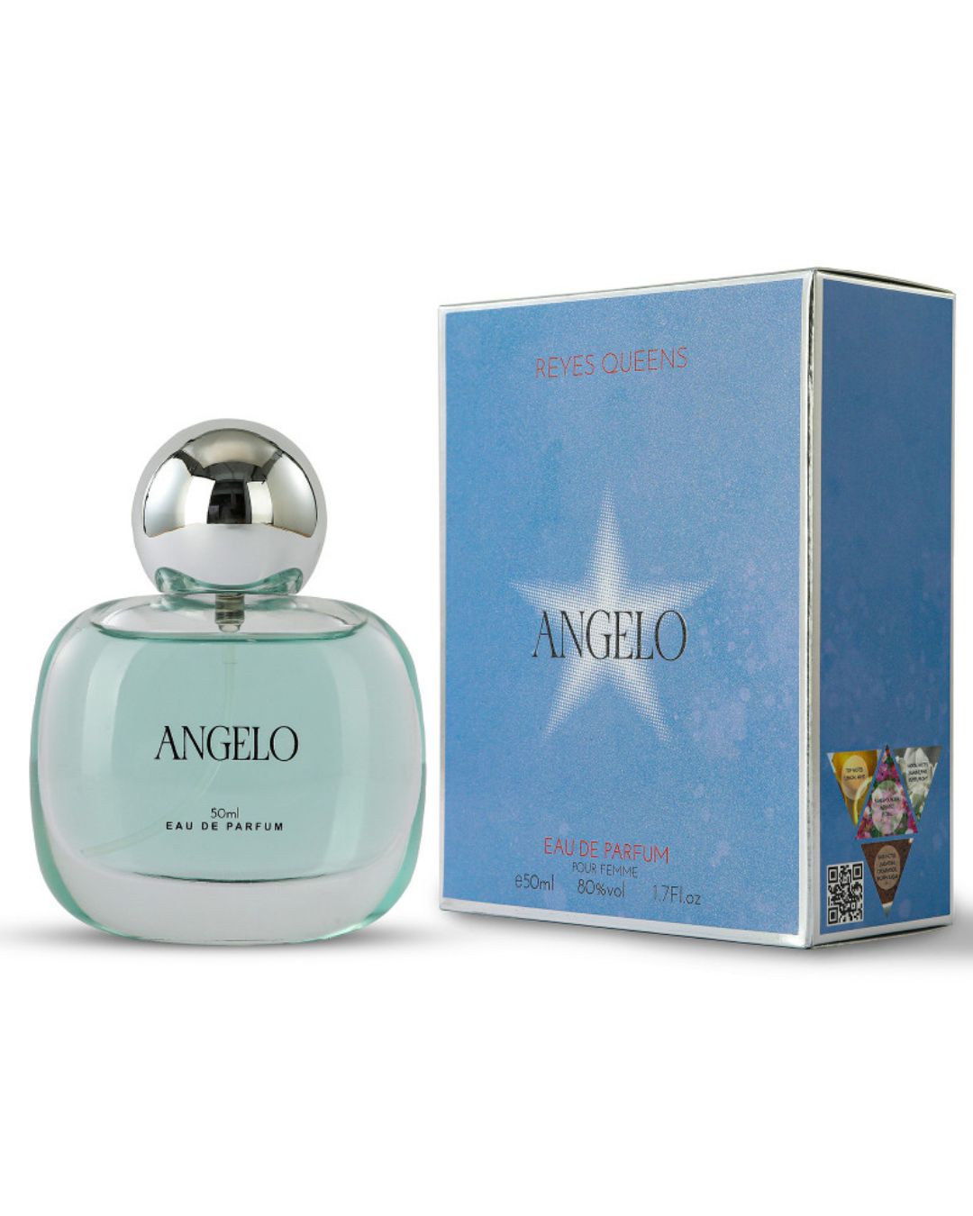 Profumo donna Angelo Reyes Queens. Flacone con scatola azzurra e stella, fragranza gourmand con cioccolato e patchouli.
