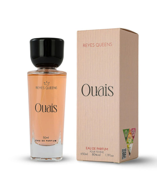 Profumo donna Ouais Reyes Queens. Flacone con liquido rosa nude, fragranza chypre con ribes nero e vaniglia.