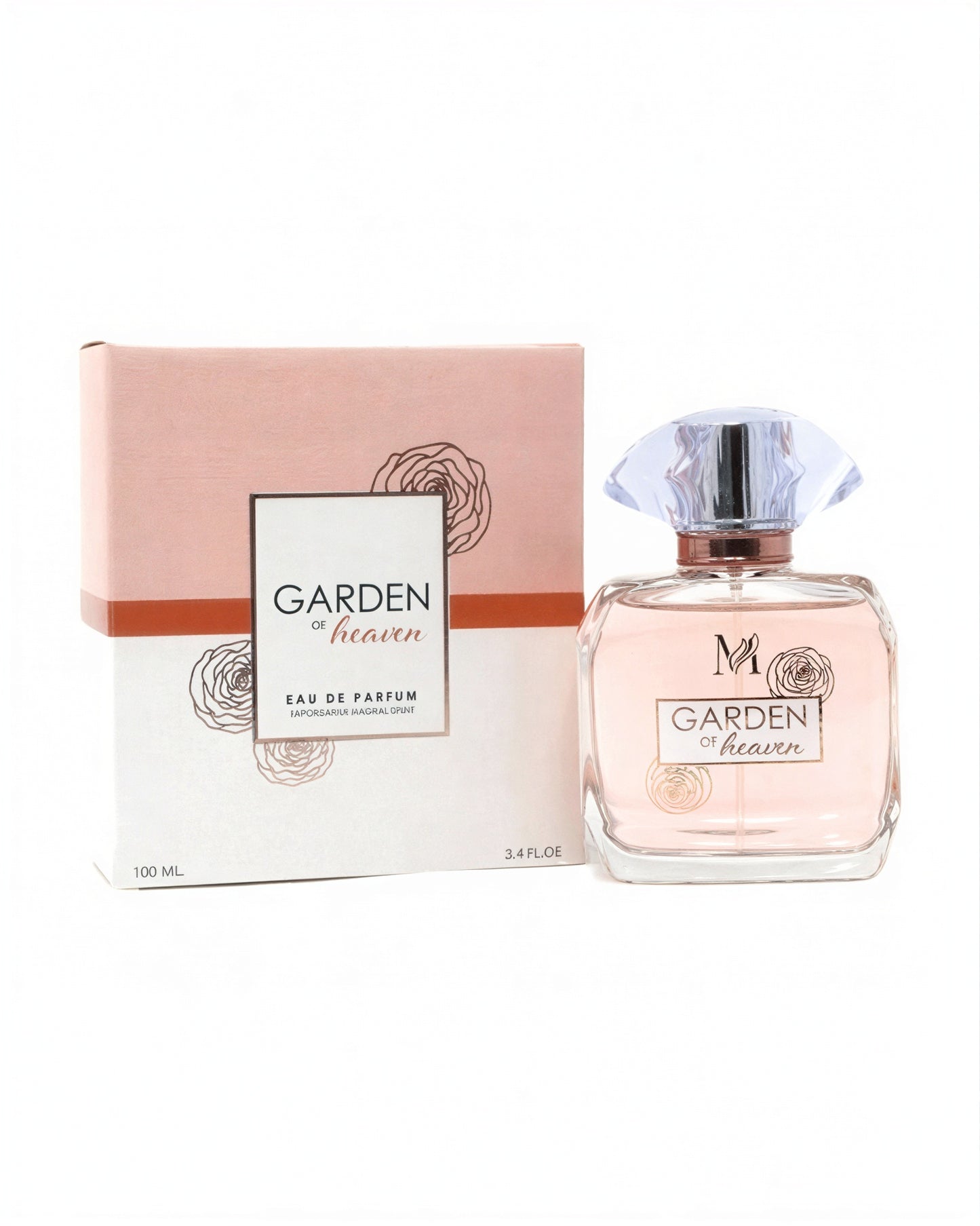 Profumo donna Garden of Heaven Montage Brands. Flacone in vetro con liquido rosa e tappo a gemma, accanto a una scatola rosa e bianca con illustrazioni di rose