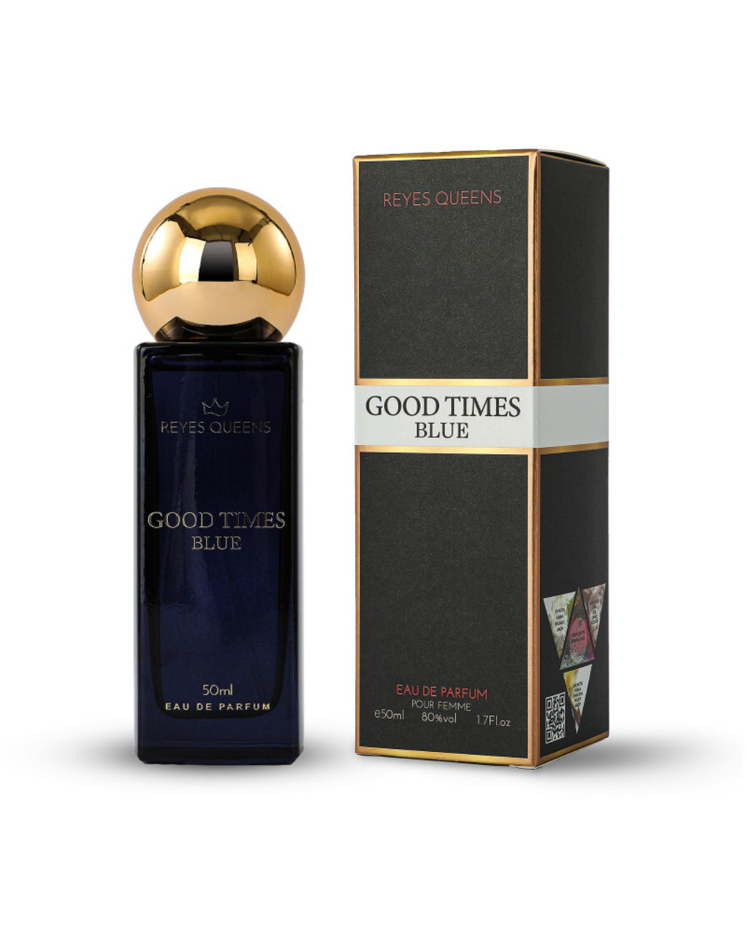 Profumo donna Good Times Blue Reyes Queens. Flacone blu notte con tappo oro, fragranza orientale con cacao e tuberosa.