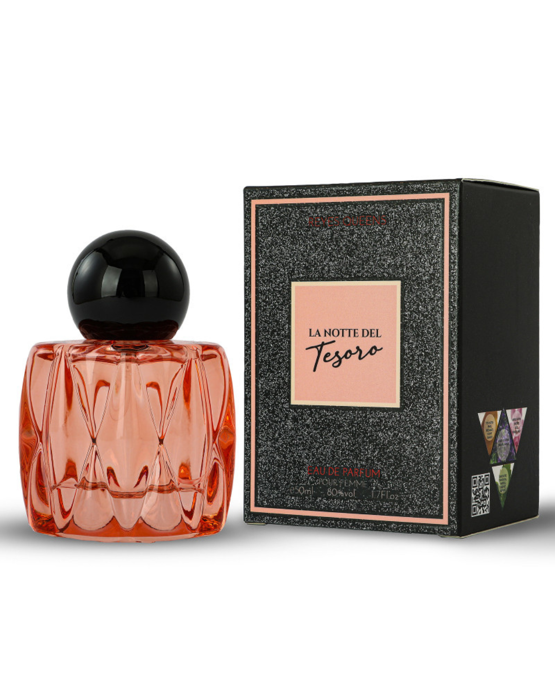 Profumo donna La Notte del Tesoro Reyes Queens. Flacone a forma di diamante e scatola nera glitterata, fragranza gourmand con pralina