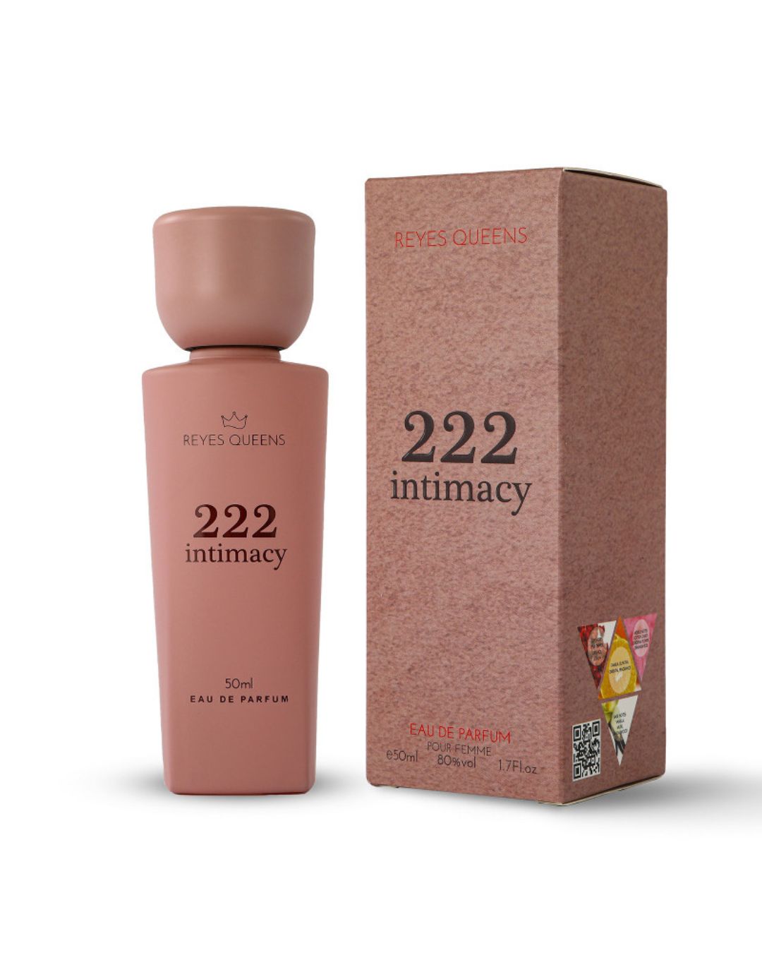 Profumo donna 222 Intimacy Reyes Queens. Flacone rosa antico opaco, fragranza orientale con pepe rosa e vaniglia.