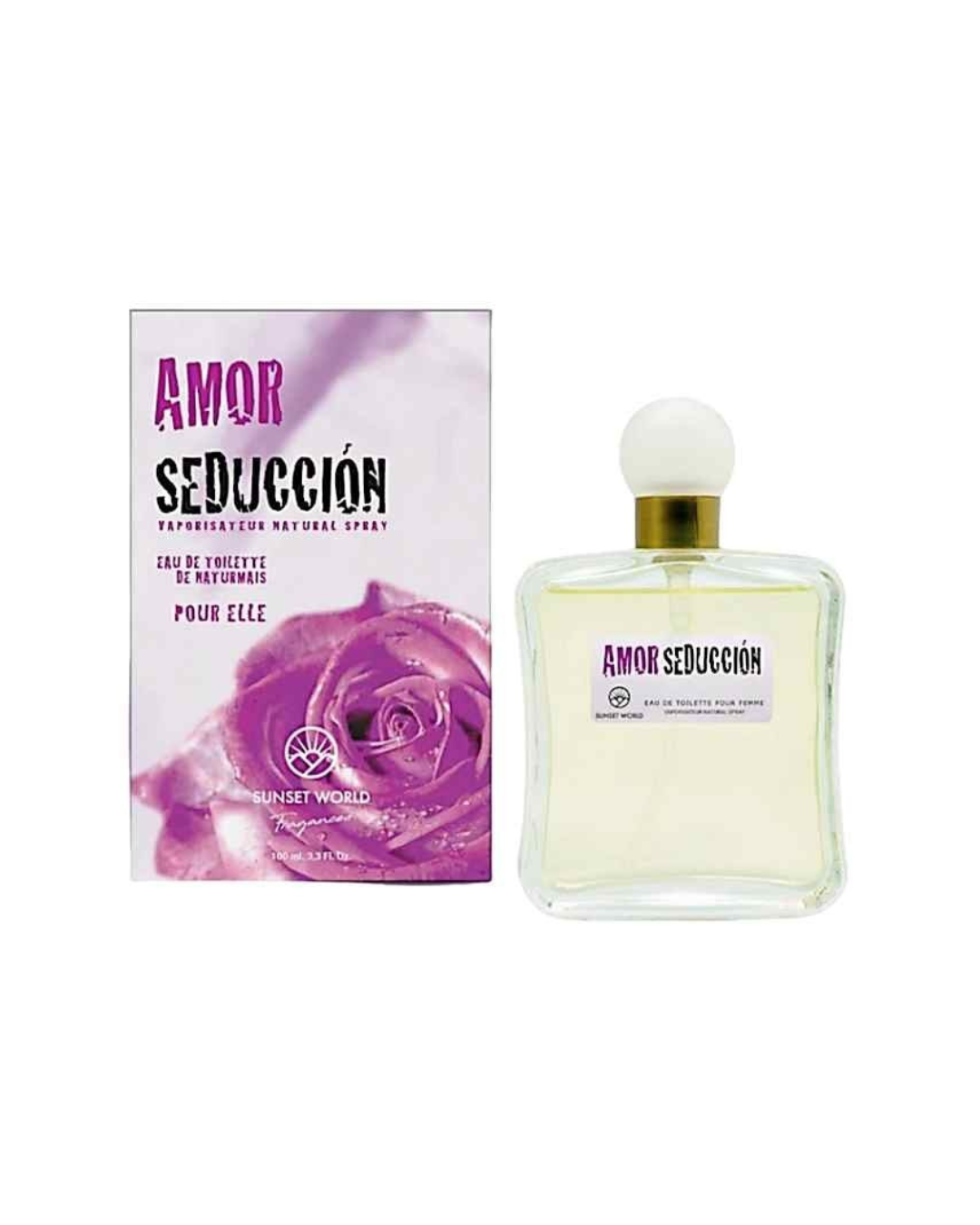 Confezione viola con una rosa in primo piano e flacone del profumo Amor Seducción di Sunset World 