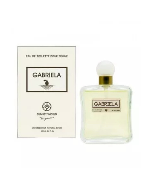 Confezione chiara e flacone del profumo Gabriela di Sunset World - Naturmais