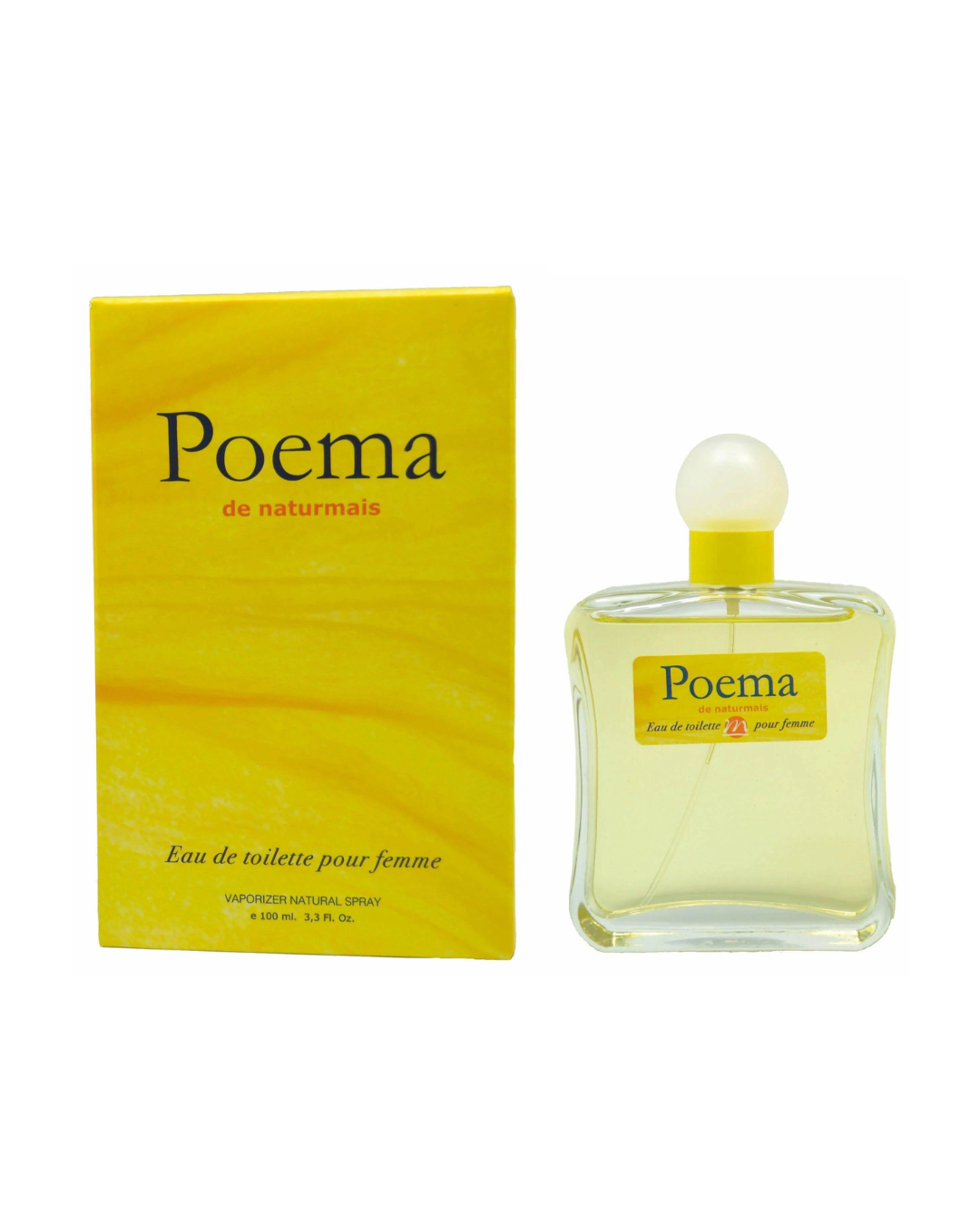 Confezione gialla sfumata e flacone del profumo Poema di Naturmais 