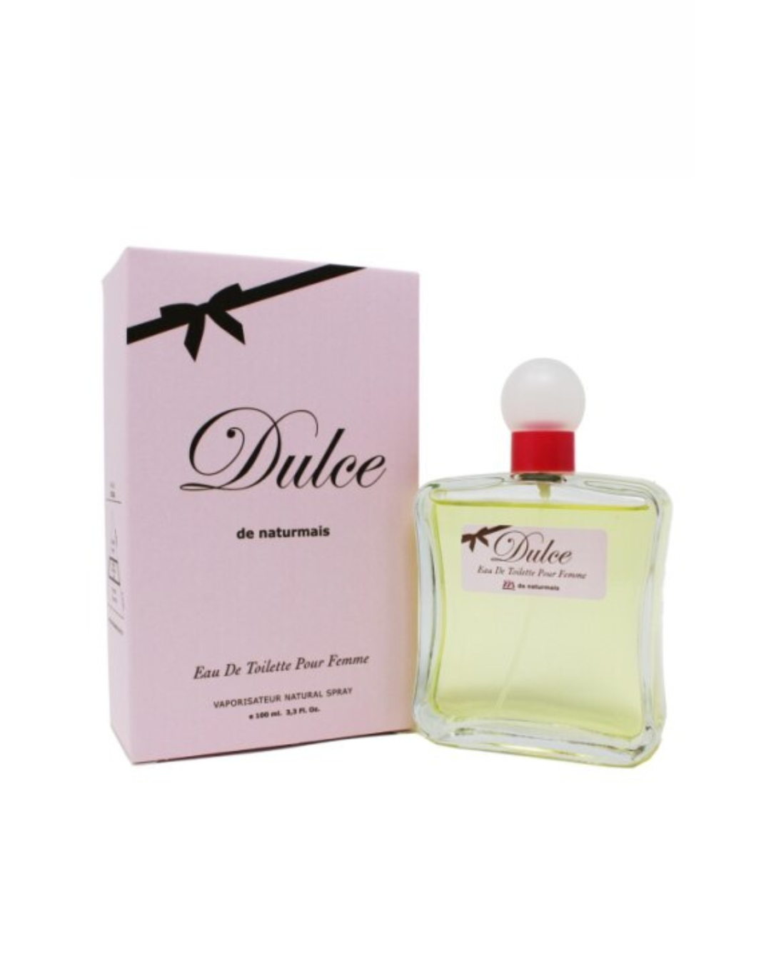 Confezione rosa chiaro con fiocco nero e flacone del profumo Dulce di Naturmais 