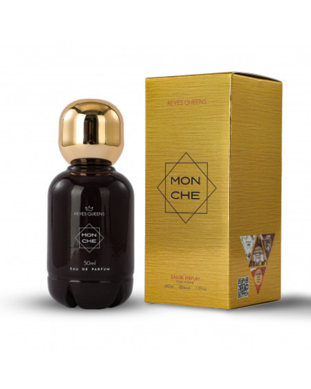 Profumo unisex Mon Che Reyes Queens. Flacone scuro elegante, fragranza gourmand con note di caffè e rosa