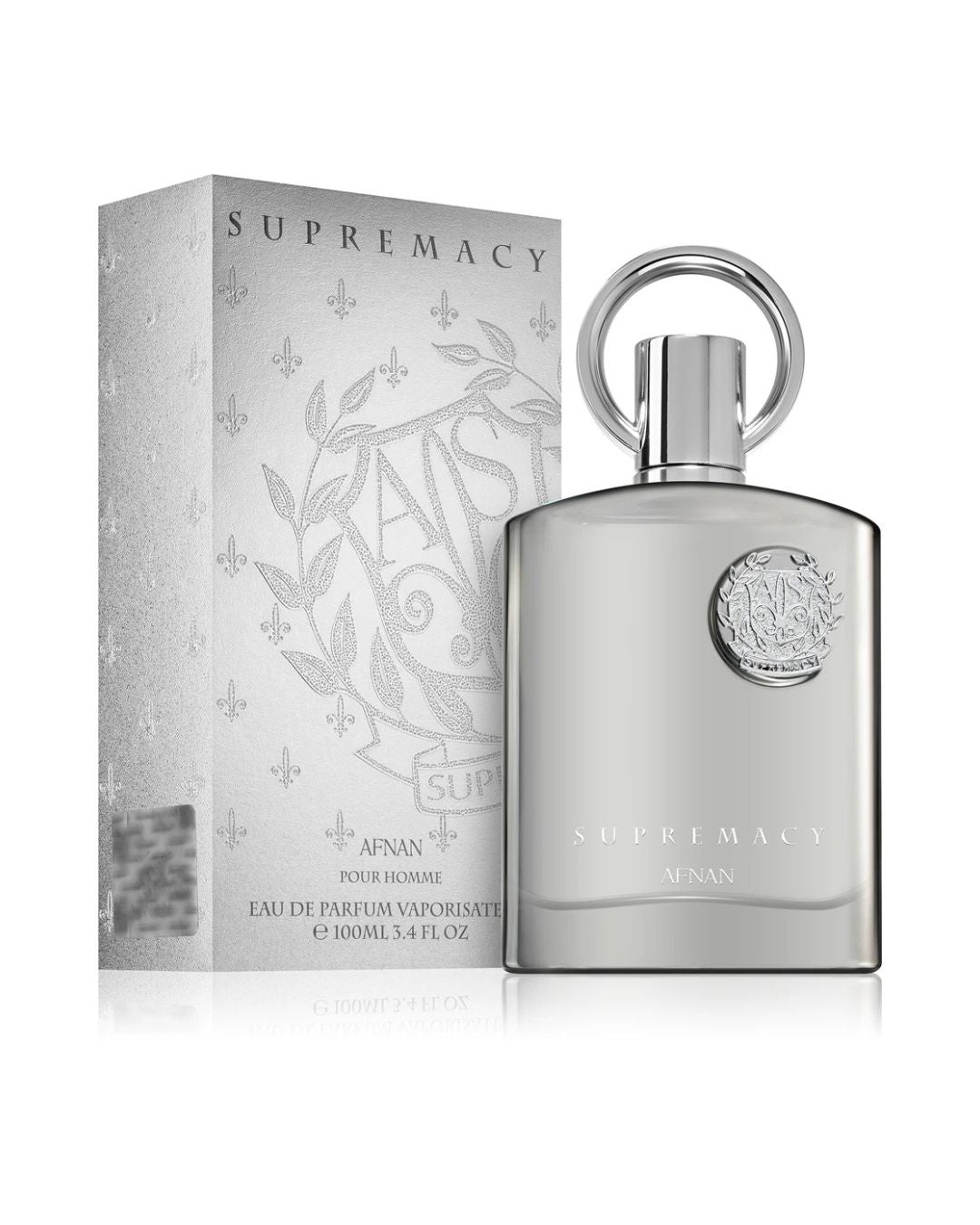 Profumo uomo Supremacy Silver di Afnan. Vista completa con elegante scatola argentata decorata e flacone in vetro metallizzato argento.