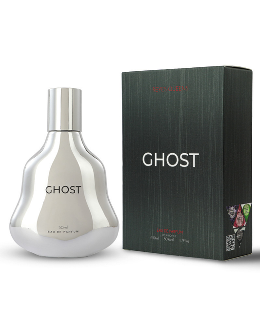 Profumo uomo Ghost Reyes Queens. Flacone cromato argento, fragranza aromatica con lavanda e vaniglia.