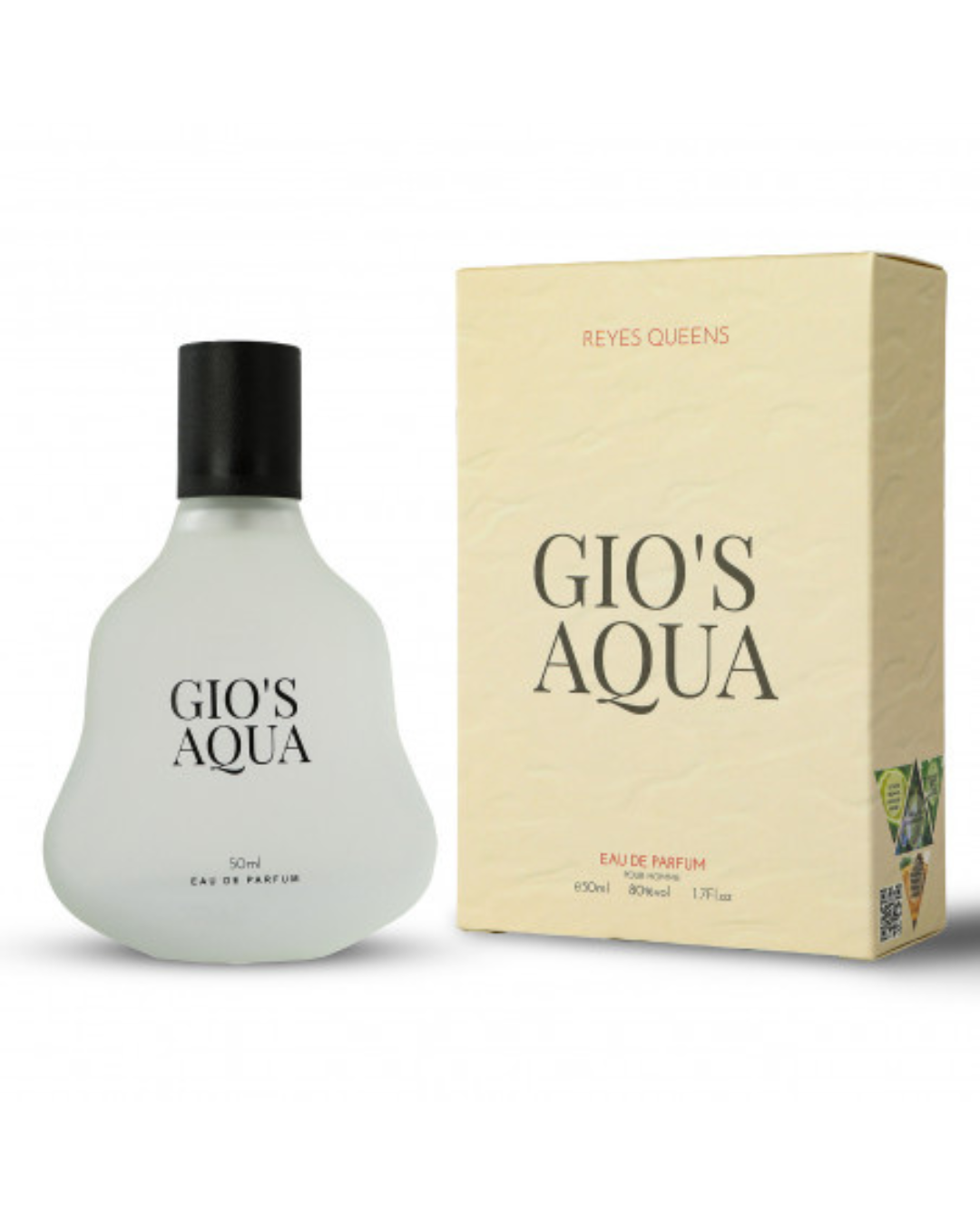 Profumo uomo Gio's Aqua Reyes Queens. Flacone in vetro satinato, fragranza fresca con note marine e agrumate