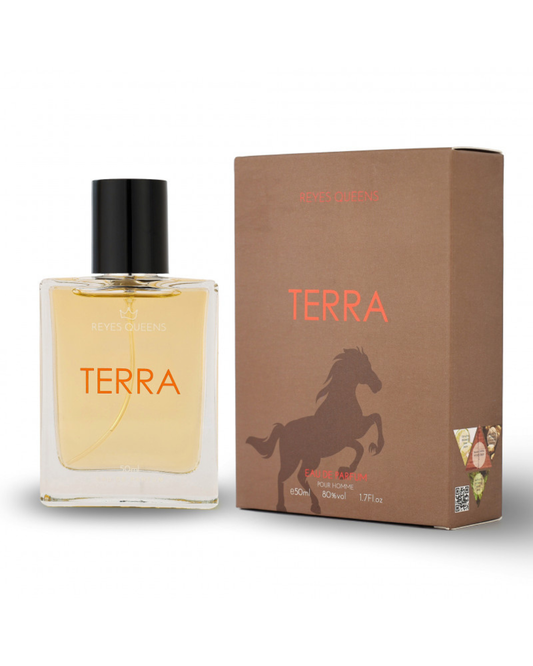 Profumo uomo Terra Reyes Queens. Flacone elegante con scatola marrone e logo cavallo, fragranza legnosa e speziata