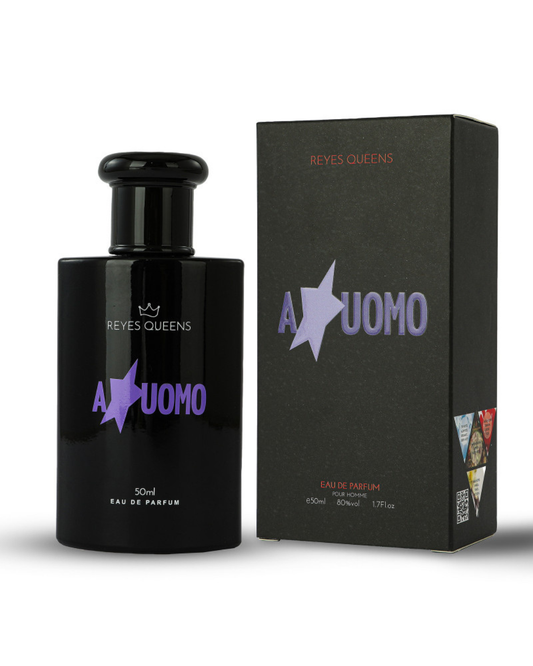 Profumo uomo A Uomo Reyes Queens. Flacone nero con stella, fragranza orientale con note di caffè e caramello.