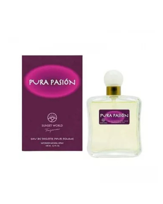 Confezione viola e flacone del profumo Pura Pasión di Sunset World ispirato a Pure Poison di Christian Dior.