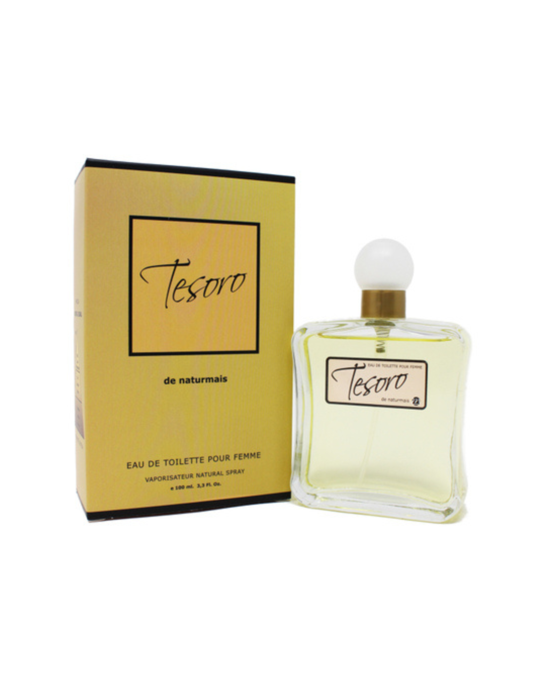 Flacone e scatola del profumo Tesoro di Naturmais da 100ml ispirato a Trésor Lancôme.