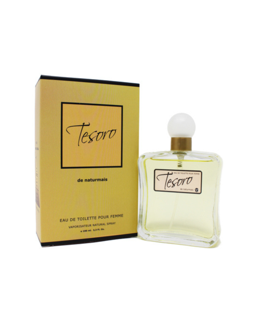 Flacone e scatola del profumo Tesoro di Naturmais da 100ml ispirato a Trésor Lancôme.